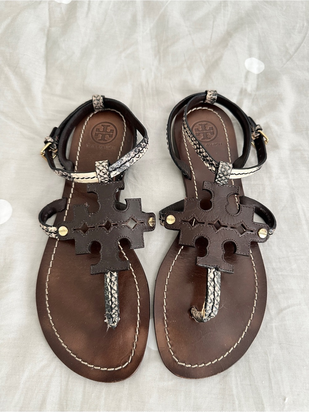 Tory Burch Brown Leather T-Strap Sandals with Snakeskin Accents